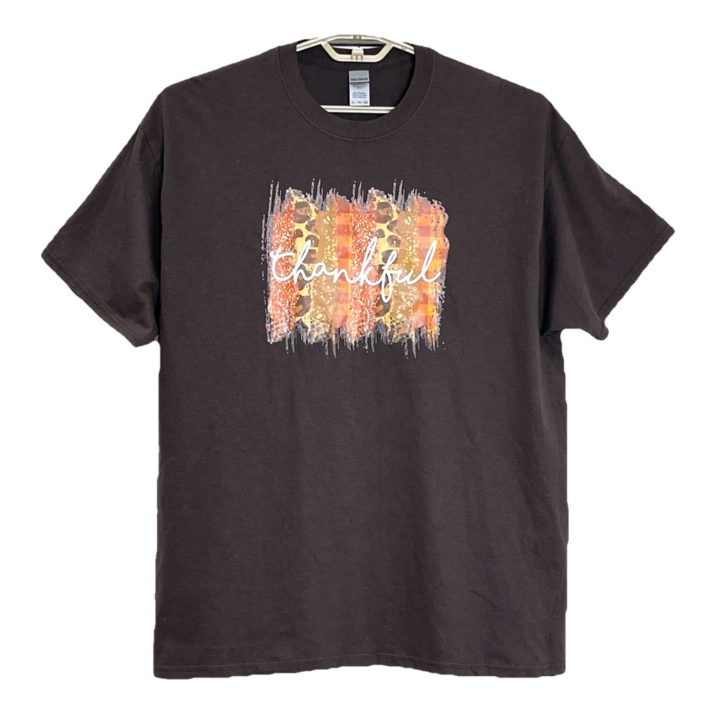 Gildan Unisex T-shirt XL Brown Thankful‎ Vinyl Print Thanksgiving Fall Colors